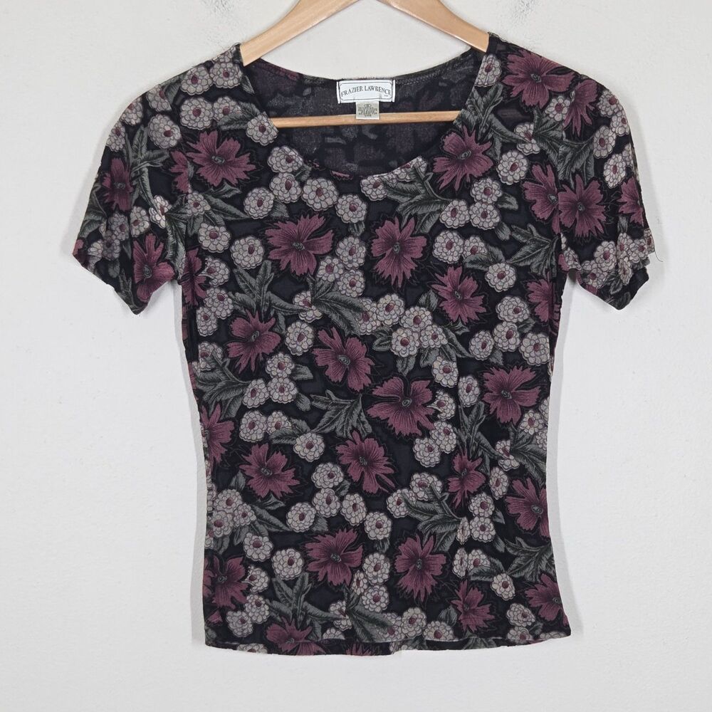 Vtg 90s Y2K Dark Floral Mesh Burnout Top S Fairy Grunge Whimsigoth Romantic Boho